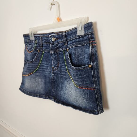 Y2K Denim Skirt Sz Medium Juniors Micro Mini Jean Rainbow Stitch Low Rise Blue - Picture 4 of 12